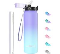 GOPPUS 1L/32oz Stainless Water Bottle with Straw Double Wall Insulated Bottles with Strap Reusable Vacuum Thermal Flask Leakproof Keep Cold Drinks Bottles with Flip Top Lid for Gym Men Women BPA Free