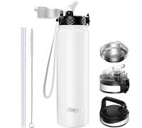 GOPPUS 1L/32oz Stainless Water Bottle with Straw Double Wall Insulated Bottles with Strap Reusable Vacuum Thermal Flask Leakproof Keep Cold Drinks Bottles with Flip Top Lid for Gym Men Women BPA Free