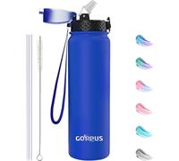 GOPPUS 1L/32oz Stainless Water Bottle with Straw Double Wall Insulated Bottles with Strap Reusable Vacuum Thermal Flask Leakproof Keep Cold Drinks Bottles with Flip Top Lid for Gym Men Women BPA Free