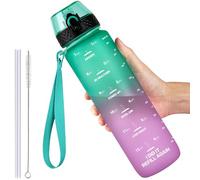 GOPPUS 1L/32oz Tritan Water Bottle with Straw-Soft Matte Finish Leakproof Drink Bottle with Measurements Bottles with Flip Top Motivational Bottles with Time Marks for Adults BPA Free (Green Purple)