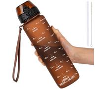 GOPPUS 1L/32oz Tritan Water Bottle with Straw-Soft Matte Finish Leakproof Drink Bottle with Measurements Bottles with Flip Top Motivational Bottles with Time Marks for Adults BPA Free (Brown)