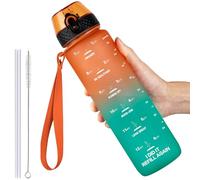 GOPPUS 1L/32oz Tritan Water Bottle with Straw-Soft Matte Finish Leakproof Drink Bottle with Measurements Bottles with Flip Top Motivational Bottles with Time Marks for Adults BPA Free (Orange Green)
