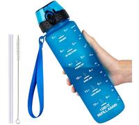 GOPPUS 1L/32oz Tritan Water Bottle with Straw-Soft Matte Finish Leakproof Drink Bottle with Measurements Bottles with Flip Top Motivational Bottles with Time Marks for Adults BPA Free (Blue)