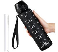 GOPPUS 1L/32oz Tritan Water Bottle with Straw-Soft Matte Finish Leakproof Drink Bottle with Measurements Bottles with Flip Top Motivational Bottles with Time Marks for Adults BPA Free (Black)