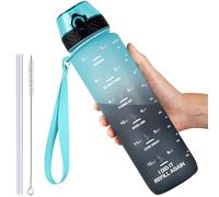 GOPPUS 1L/32oz Tritan Water Bottle with Straw-Soft Matte Finish Leakproof Drink Bottle with Measurements Bottles with Flip Top Motivational Bottles with Time Marks for Adults BPA Free (Blue Gray)