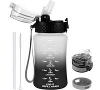 GOPPUS 350ml/12oz Kids Water Bottle With Straw Tritan Drinks Bottle with Strap Small Toddler Juice Bottles with Flip Top Lid Leakproof Children's Cup with Time Marking BPA free Girl Boy (White Black)