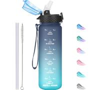 GOPPUS 500ml/17oz Kids Water Bottles with Straw Tritan Childrens Bottle with Flip Top Lid BPA Free Measured Drinks Bottle with Strap Sports Reusable Time Markings Leakproof (Gray Blue)