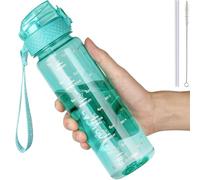 GOPPUS 500ml/17oz Kids Water Bottles with Straw Tritan Childrens Bottle with Flip Top Lid BPA Free Measured Drinks Bottle with Strap Sports Reusable Time Markings Leakproof (Transparent Mint Green)