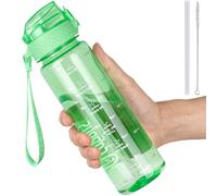 GOPPUS 500ml/17oz Kids Water Bottles with Straw Tritan Childrens Bottle with Flip Top Lid BPA Free Measured Drinks Bottle with Strap Sports Reusable Time Markings Leakproof (Transparent Grass Green)