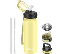 GOPPUS 600ml/20oz Stainless Water Bottle with Straw Double Wall Insulated Bottles with Strap One Hand Open Vacuum Thermal Flask Leakproof Keep Cold Bottles with Flip Top Lid BPA Free (Yellow)