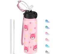 GOPPUS 600ml/20oz Stainless Water Bottle with Straw Double Wall Insulated Bottles with Strap One Hand Open Vacuum Thermal Flask Leakproof Keep Cold Bottles with Flip Top Lid BPA Free (Pink Cat)