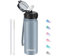 GOPPUS 600ml/20oz Stainless Water Bottle with Straw Double Wall Insulated Bottles with Strap One Hand Open Vacuum Thermal Flask Leakproof Keep Cold Bottles with Flip Top Lid BPA Free (Gray)