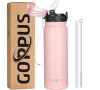 GOPPUS 600ml/20oz Stainless Water Bottle with Straw Double Wall Insulated Bottles with Strap One Hand Open Vacuum Thermal Flask Leakproof Keep Cold Bottles with Flip Top Lid BPA Free (Pink)