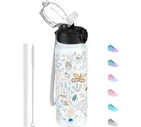 GOPPUS 600ml/20oz Stainless Water Bottle with Straw Double Wall Insulated Bottles with Strap One Hand Open Vacuum Thermal Flask Leakproof Keep Cold Bottles with Flip Top Lid BPA Free (White Animal)
