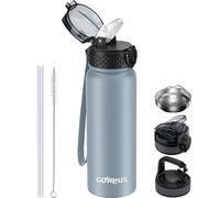 GOPPUS 600ml/20oz Stainless Water Bottle with Straw Double Wall Insulated Bottles with Strap One Hand Open Vacuum Thermal Flask Leakproof Keep Cold Bottles with Flip Top Lid BPA Free (Gray)