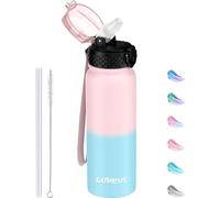 GOPPUS 600ml/20oz Stainless Water Bottle with Straw Double Wall Insulated Bottles with Strap One Hand Open Vacuum Thermal Flask Leakproof Keep Cold Bottles with Flip Top Lid BPA Free (Pink Blue)