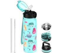 GOPPUS 600ml/20oz Stainless Water Bottle with Straw Double Wall Insulated Bottles with Strap One Hand Open Vacuum Thermal Flask Leakproof Keep Cold Bottles with Flip Top Lid BPA Free (Green Cat)