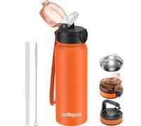 GOPPUS 600ml/20oz Stainless Water Bottle with Straw Double Wall Insulated Bottles with Strap One Hand Open Vacuum Thermal Flask Leakproof Keep Cold Bottles with Flip Top Lid BPA Free (Orange)