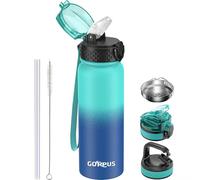 GOPPUS 600ml/20oz Stainless Water Bottle with Straw Double Wall Insulated Bottles with Strap One Hand Open Vacuum Thermal Flask Leakproof Keep Cold Bottles with Flip Top Lid BPA Free (Green Blue)