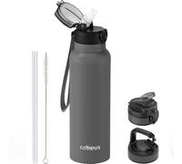 GOPPUS 750ml/26oz Stainless Water Bottle with Straw Double Wall Insulated Bottles with Strap Reusable Vacuum Thermal Flask Leakproof Keep Cold Drinks Bottles with Flip Top Lid for Men Women BPA Free