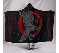 Gopumchy Viking Raven Blanket with Hood, Winter Soft Plush Microfibre Polyester Blanket, Black, 150 x 200 cm