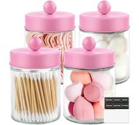 Goramio 4 Pack Glass Apothecary Jars with Lids for Bathroom, Cute Qtip Holder, Pink Bathroom Accessories Set, Small Bathroom Canisters with Lids for Q-Tips, Cotton Swabs, Pink Bathhouses Decor