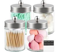 Goramio 4 Pack Glass Apothecary Jars with Lids for Bathroom, Cute Qtip Holder, Silver Bathroom Accessories Set, Small Bathhouses Canisters with Lids for Q-Tips, Cotton Swabs, Silver Bathhouses Decor
