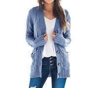 Goranbon Women's Cable Knit Cardigan Long Sleeve Open Front Button Down Knitwear Sweater Coat - Blue - Small