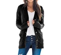 Goranbon Women's Cable Knit Cardigan Long Sleeve Open Front Button Down Knitwear Sweater Coat - Black - Medium