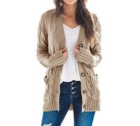 Goranbon Women's Cable Knit Cardigan Long Sleeve Open Front Button Down Knitwear Sweater Coat - Beige - X-Large