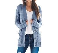 Goranbon Women's Cable Knit Cardigan Long Sleeve Open Front Button Down Knitwear Sweater Coat - Blue - X-Small