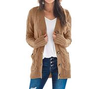 Goranbon Women's Cable Knit Cardigan Long Sleeve Open Front Button Down Knitwear Sweater Coat, Camel, XL