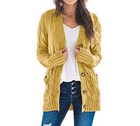 Goranbon Women's Cable Knit Cardigan Long Sleeve Open Front Button Down Knitwear Sweater Coat, Mustard