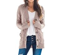 Goranbon Women's Cable Knit Cardigan Long Sleeve Open Front Button Down Knitwear Sweater Coat - Pink - Medium