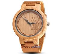 GORBEN Men's Quartz Watch with Leather Strap Deer and Elephant Design Lightweight Wooden Watch for Men, Gorben014, Strap