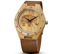 GORBEN Men's Quartz Watch with Leather Strap Deer and Elephant Design Lightweight Wooden Watch for Men, Gorben105, Strap