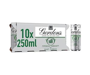 Gordon's London Dry Gin & Diet Tonic | 5% vol | 10 x 250ml Can | Ready to Drink Gin & Tonic Cans | Juniper & Gin Botanicals | Best Served Chilled from the Can or in a Gin Glass