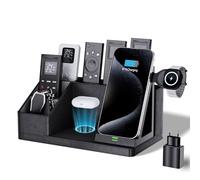 GORESE 3-in-1 Desk Organiser with Inductive Charging Station, Leather Office Organiser, Office Supplies, Pen Holder, 30 W Wireless Charging for iPhone 16/15/14/13/12/11/Pro/Max/XS iWatch7/6/5/4/3