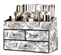 GORESE Make Up Cosmetic Organiser, 2-Tier 2 Drawers, Leather Make-Up Table Organiser, Beauty Storage, Cosmetic Box, Desk Organiser for Bedroom, Bathroom, Dressing Table (Vintage Black)