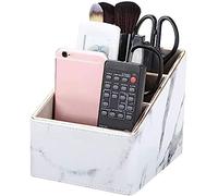 GORESE Remote Control Holder with 3 Compartments, PU Leather TV Remote Organizer Leatherette Desk Organizer for TV Remote, DVD, Blue-Ray, Controllers, Remote control box (3 Slot) (A White Marble)