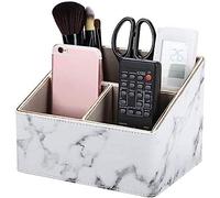 GORESE Remote Control Holder with 3 Compartments, PU Leather TV Remote Organizer Leatherette Desk Organizer for TV Remote, DVD, Blue-Ray, Controllers, Remote control box (3 Slot) (B White Marble)