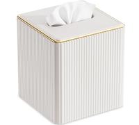 GORESE Tissue Box Cover Square Kleenexs Box Cover, PU Leather Tissue Cover with Gold-Tone Edging, Cube Tissue Box Holder for Bathroom Livingroom Car, Modern Decorative Kleenexs Cover, Cream White