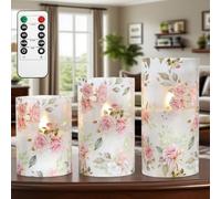 GORGE MOMENT Rose Flameless Candles Love Theme Battery Operated Glass Flickering LED Candle with Remote Pink Flower Decal Realistic Pillar Candles Bedroom Home Decor Table Ornament