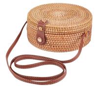 GORGECFAFT Handwoven Round Rattan Bag Large Straw Bag for Women Handmade Wicker Woven Purse Circle Oval Brown Straw Boho Bags Shoulder Imitation Leather Adjustable Strap for Women Travel