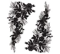 GORGECRAFT 1 Pair 3D Flower Embroidery Lace Fabric Black Sequin Ribbon Trim Embroidered Bead Floral Applique Sew on Patches Glitter Sewing Ornament Paillette Diy Costume Accessories for Bridal Wedding