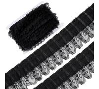 GORGECRAFT 10 Yards Pleated Organza Lace Trim Double Layer Gathered Lace Edge Ribbon 5cm Wide Ruffled Tulle Fabric Mesh Edging Trimmings for Applique Embroidered Wedding Dress Sewing Crafts Black