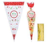 GORGECRAFT 100Pcs Christmas Cone Cellophane Bags Snowman Christmas Tree Candy Treat Bag Triangle Plastic Pouch with 100Pcs Gold Twist Tie for Treats Popcorn Cookies Goodie Wedding Birthday Party Favor