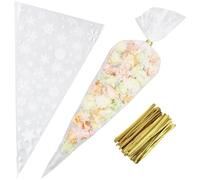 GORGECRAFT 100PCS Snowflake Candy Cone Shape Bags 30x16CM Transparent Popcorn Cellophane Treat Bags Twist Ties Candy Cookie Goodies Clear Triangle Cello Wrap for Christmas Party Favors Supplies