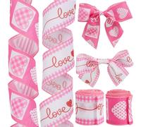 GORGECRAFT 10Yds 2 Rolls 2 Style Hearts Wired Edge Ribbon 6.3cm Width Valentine's Day Grosgrain Ribbon Pink Lattice Heart Love Fabric Craft Ribbon for Gift Wrapping Floral Crafts Bow Tie Wrapping
