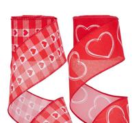 GORGECRAFT 10Yds 2 Rolls 2 Style Red Valentine's Day Ribbon Hearts Grosgrain Wired Edge Ribbon 6.3cm Width Lattice Heart Love Fabric Craft Ribbon for Gift Wrapping Floral Crafts Bow Tie Wrapping